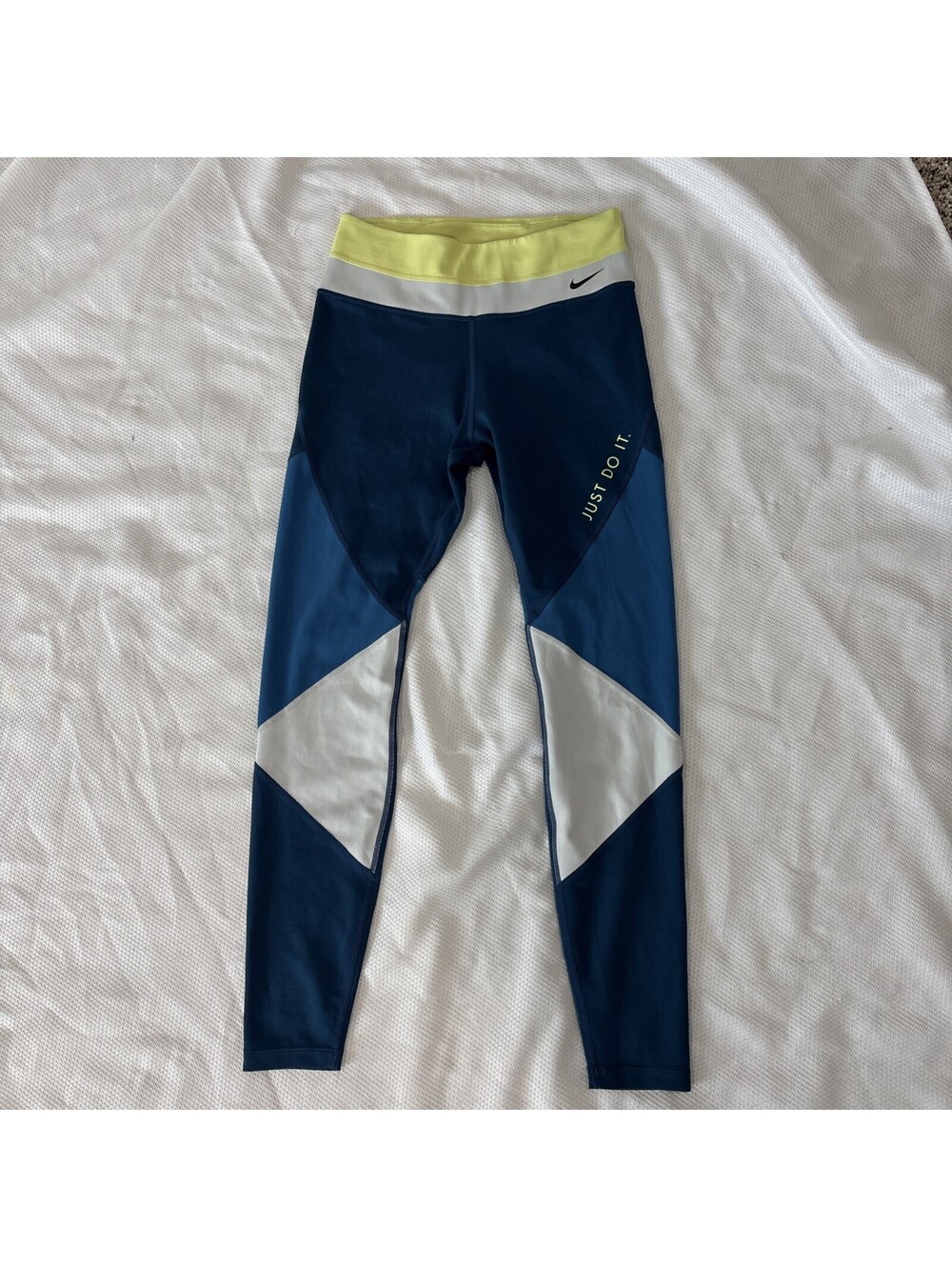 NIKE SMALL BLUE YELLOW GRAY COLOR BLOCK HIDDEN BACK POCKET DRI FIT LEGGINGS